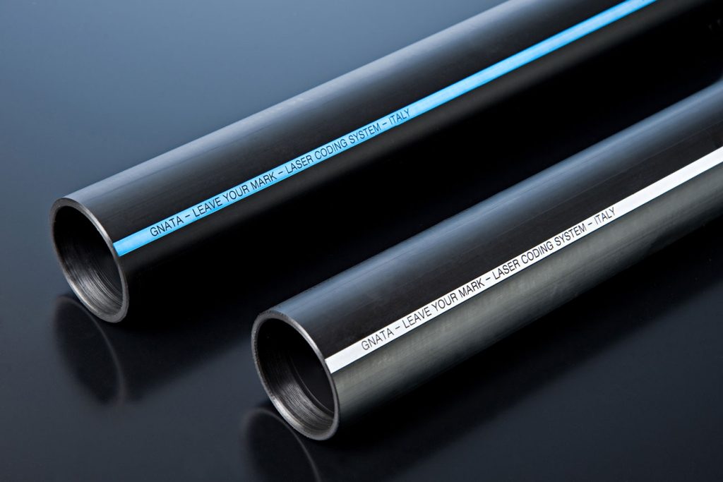 Polyethylene pipes marked with a fiber or CO2 laser.